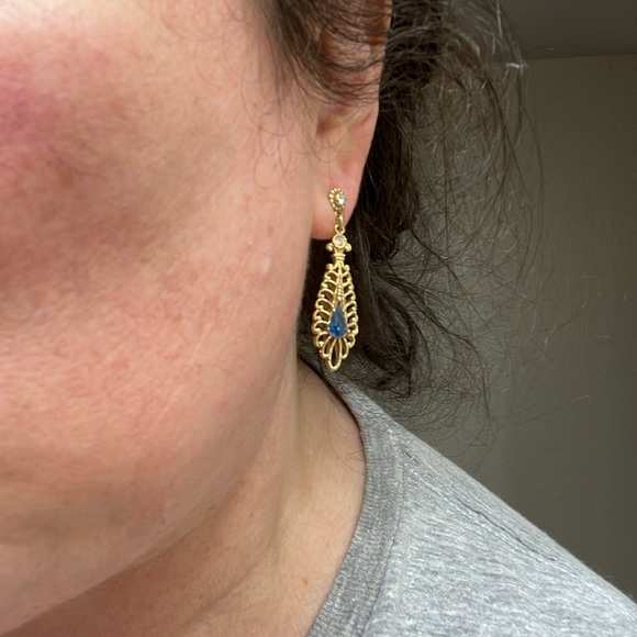 Earrings ~Gold tone with white blue crystals - Picture 4 of 5